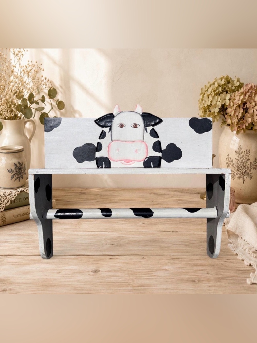Vintage Hand-Painted Wooden Cow Paper Towel Holder & Spice Shelf